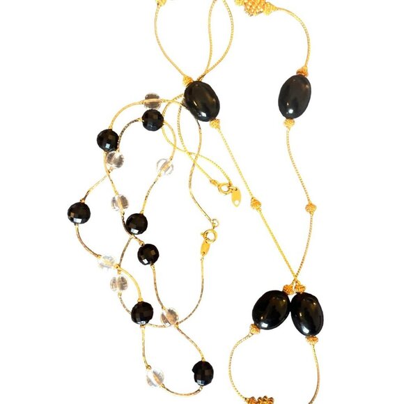 Trifari Set VTG 2 Necklaces PLUS Black Enamel Gold Clip Earrings Work Perfect - Picture 5 of 13